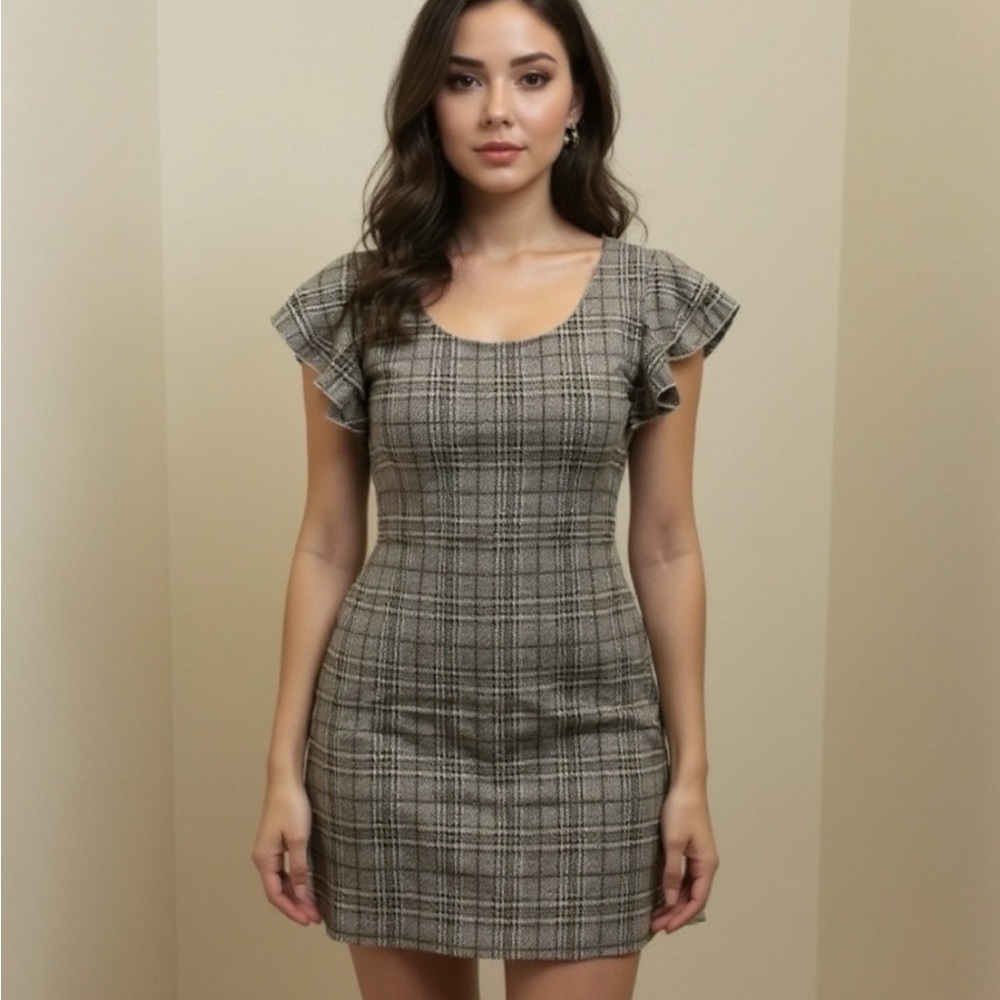 Naif Plaid Short Ruffle Sleeves Mini Dress Size Small